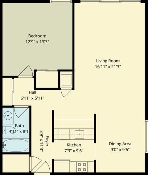 Floor plan for 1 bed, 1 bath
